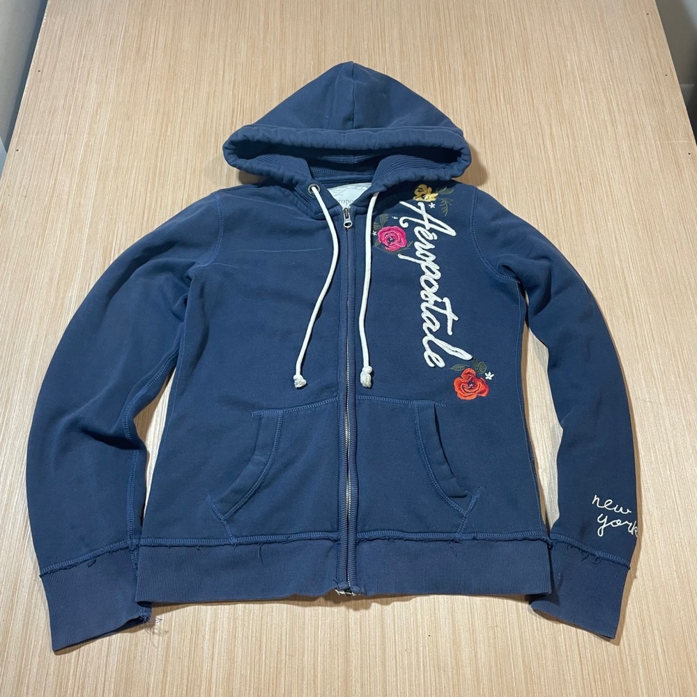 Aeropostale Zip Hoodie Women Navy Blue Floral Rose Embroidered Waffle Hood L